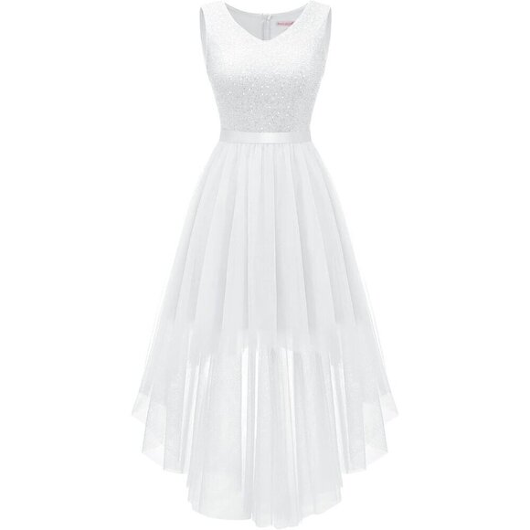BeryLove Dresses & Skirts - BeryLove Women Tulle Sequin White Chiffon Scoop Neck Sleeveless Cocktail Dresses